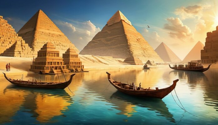 blocks transported by boats to the construction site of the Giza Pyramid